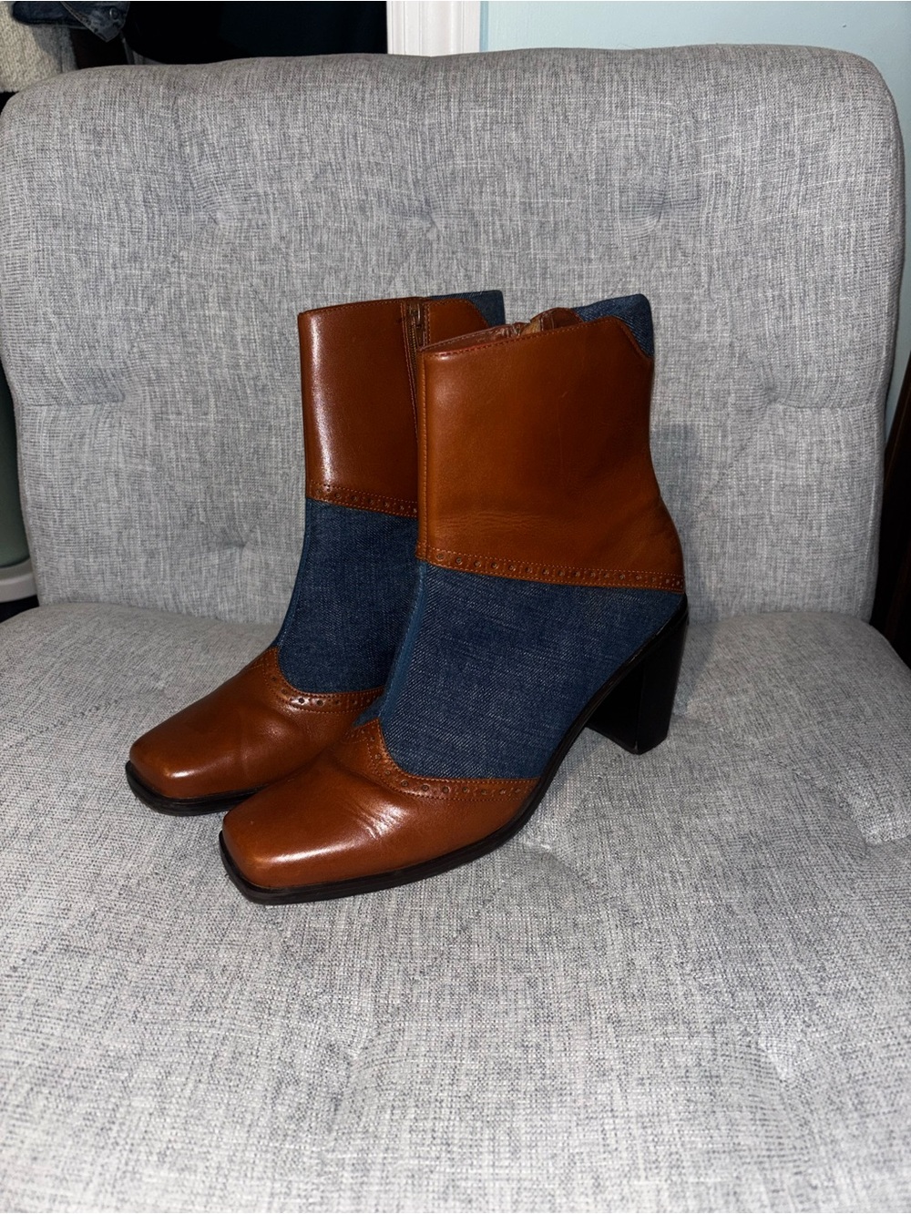 Artiva Brown Leather and Blue Denim Ankle Boots